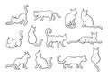 Cat illustration set, outline silhouette, line art